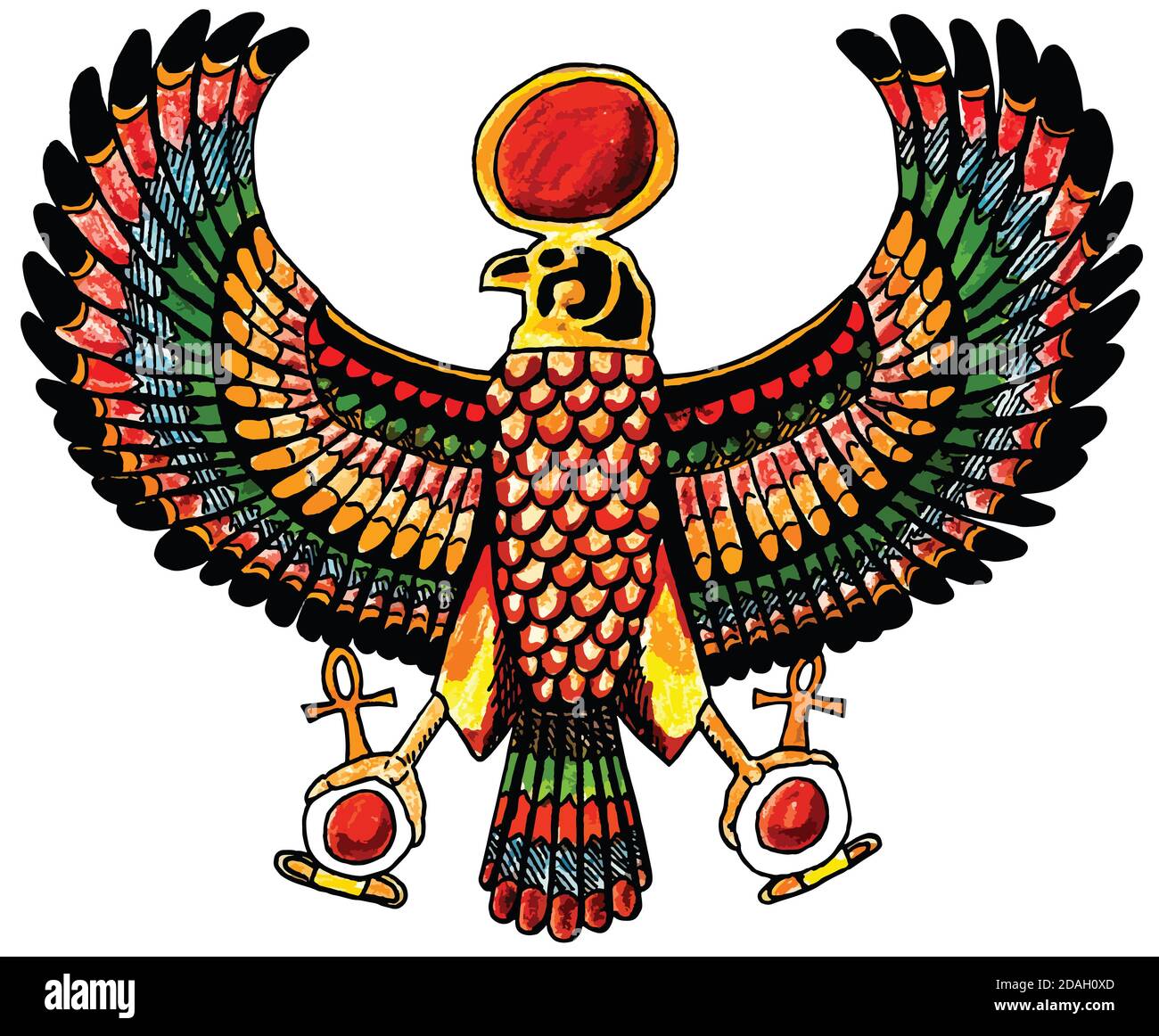 Arte colorata della rappresentazione di un'aquila in stile antico Egitto e sfondo bianco. Disegno matite colorate e ritocco digitale. Foto Stock
