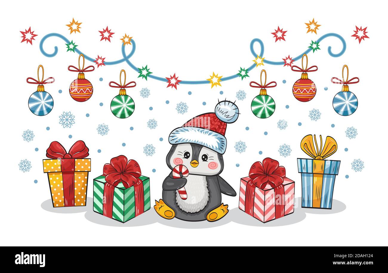 Pinguino felice con i regali. Carattere nuovo anno. Carino animale artico bambino in cappello rosso con scatole a sorpresa. Design del biglietto d'auguri per le festività. Vettore cartoon. Illustrazione Vettoriale