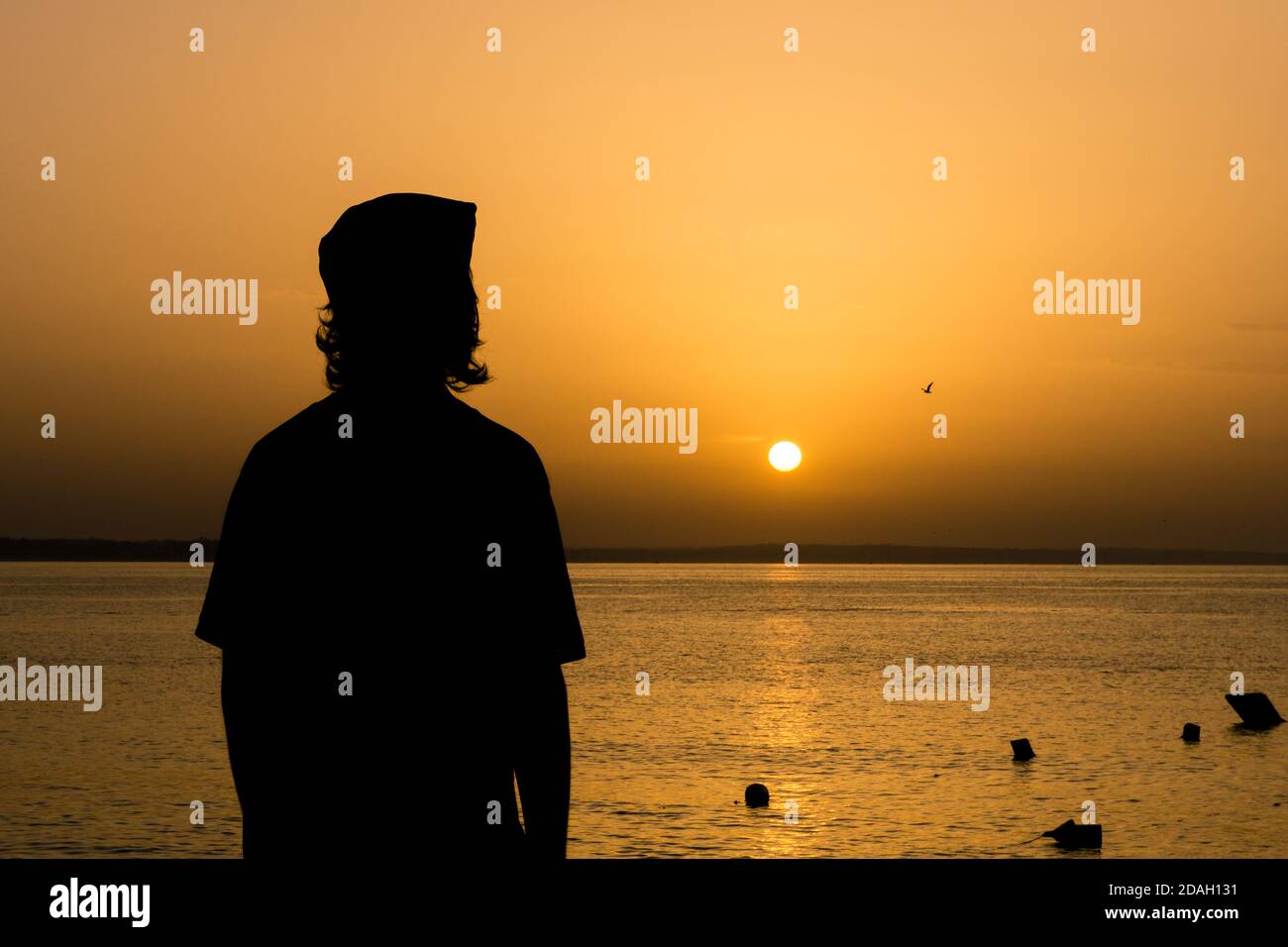 Giovane uomo che guarda l'alba sulla spiaggia Foto Stock