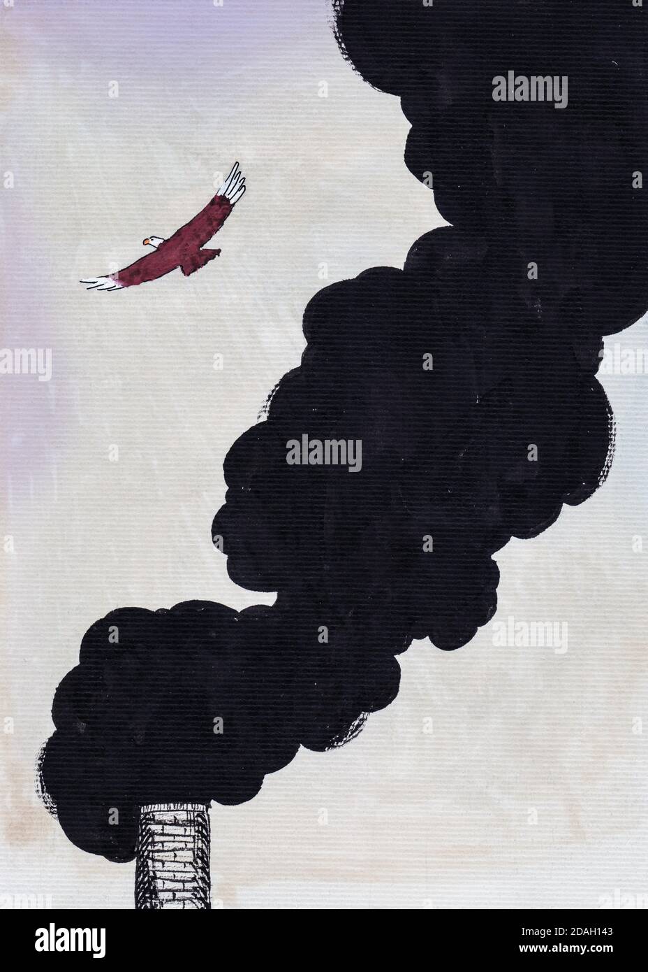 Illustrazione di un'aquila colorata che vola intorno ad un fumo spesso proveniente da un camino, in stile fumetto. Acquerello e disegno dell'inchiostro. Foto Stock