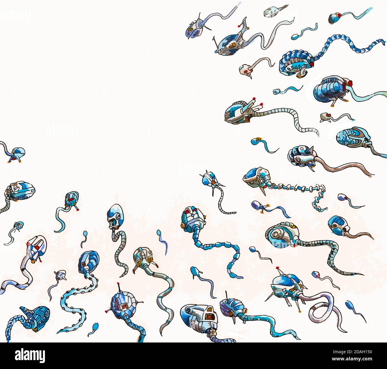 Illustrazione di diverse piccole astronavi che vanno verso lo stesso punto, in stile fumetto. Acquerello e disegno dell'inchiostro. Foto Stock