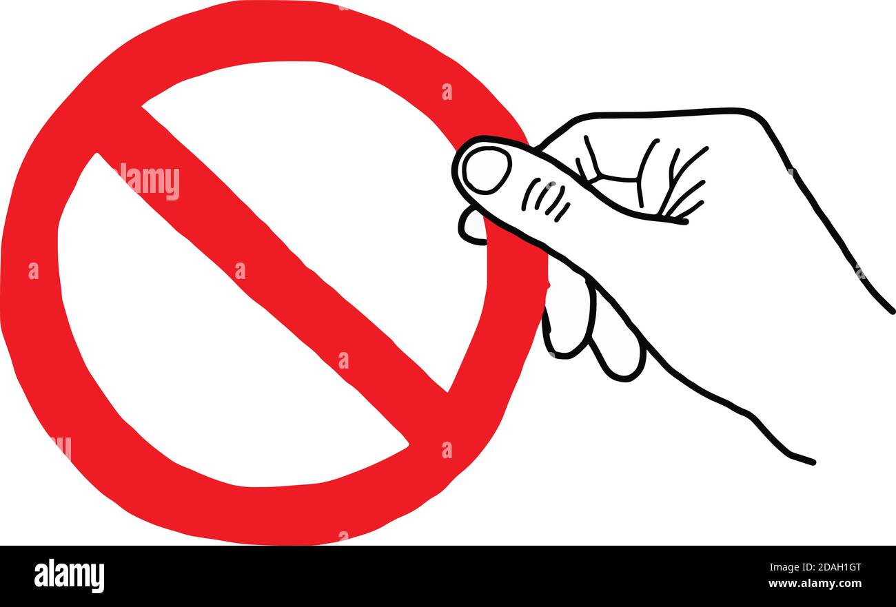 illustrazione del vettore doodle mano disegnata di mano di schizzo che tiene il segno rosso di divieto. Illustrazione Vettoriale