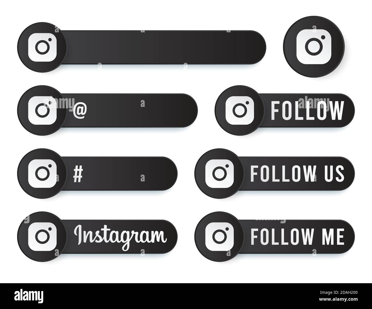 Collezione Instagram Buttons con logo bianco. Black Social Media Tag Set con icone moderne, simbolo, Ping, Banner. Modelli di pulsanti arrotondati 3D Illustrazione Vettoriale