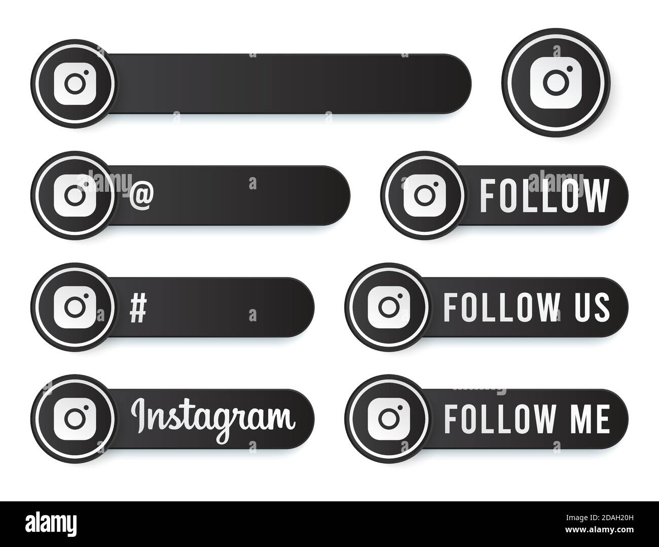 Collezione Instagram Buttons con logo bianco. Black Social Media Tag Set con icone moderne, simbolo, Ping, Banner. Modelli di pulsanti arrotondati 3D Illustrazione Vettoriale