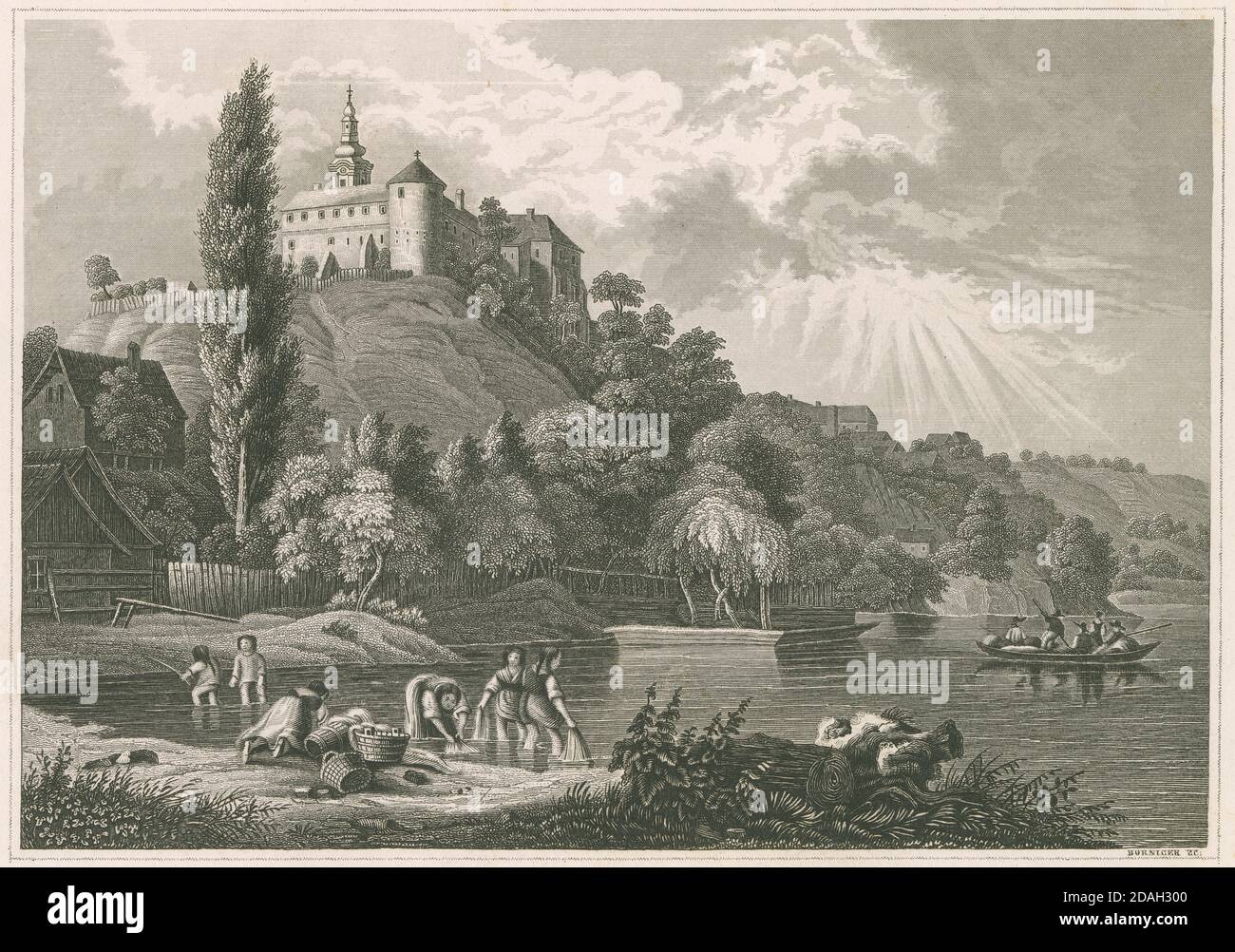 Antica incisione c1850, il Castello e Monastero di Illock, Ungheria. Probabilmente una vista romantica o fantastica della zona. FONTE: INCISIONE ORIGINALE Foto Stock