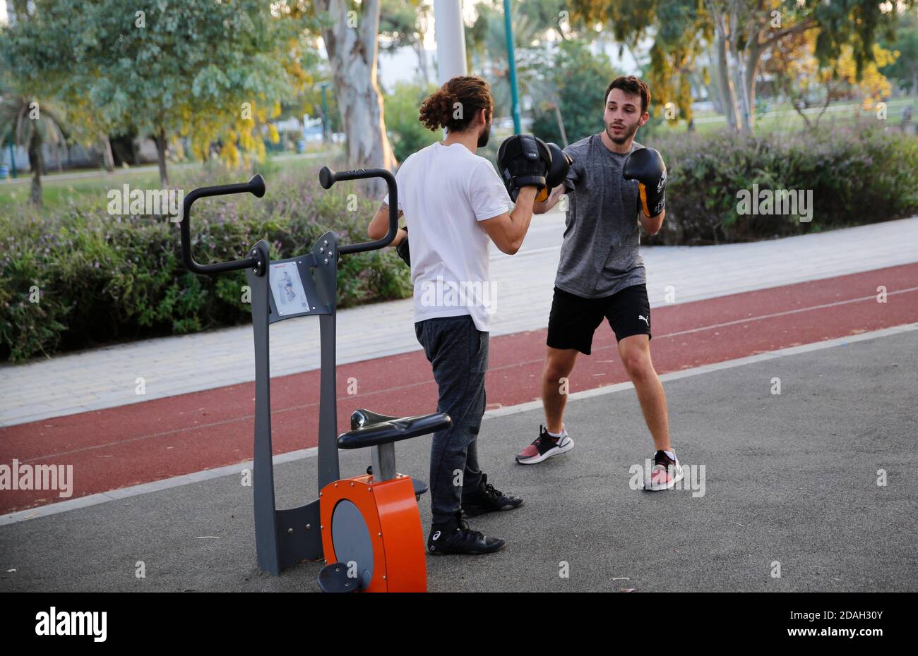 Tel Aviv. 12 Nov 2020. Le persone si allenano all'aperto in un parco nella città centrale israeliana di Tel Aviv, 12 novembre 2020. Le palestre di Tel Aviv sono chiuse da metà settembre per affrontare la diffusione del coronavirus. Credit: Gil Cohen Magen/Xinhua/Alamy Live News Foto Stock