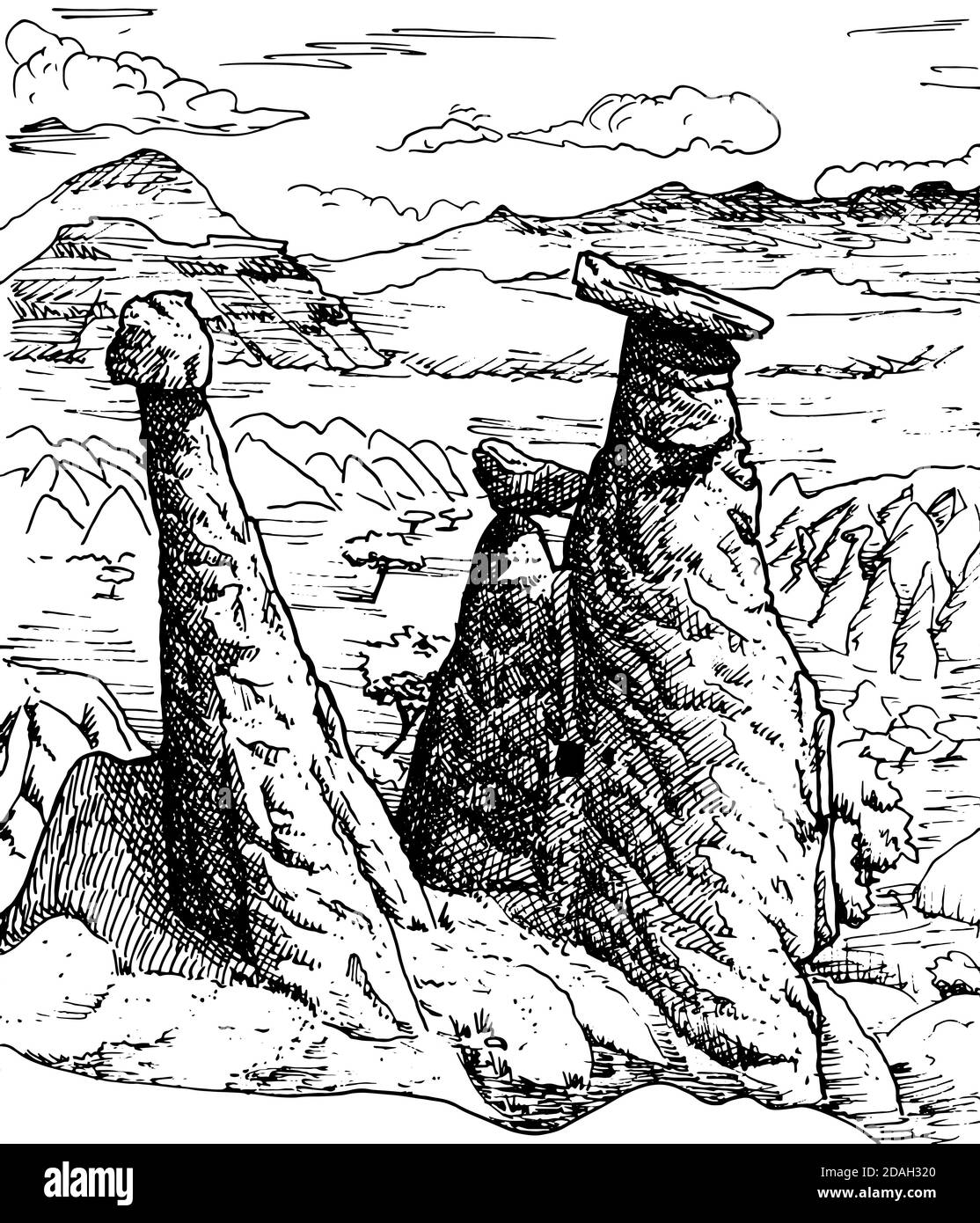 Curioso paesaggio geologico di falesie rocciose erose dal tempo in Cappadocia. Nella campagna turca. Disegno dell'inchiostro. Foto Stock