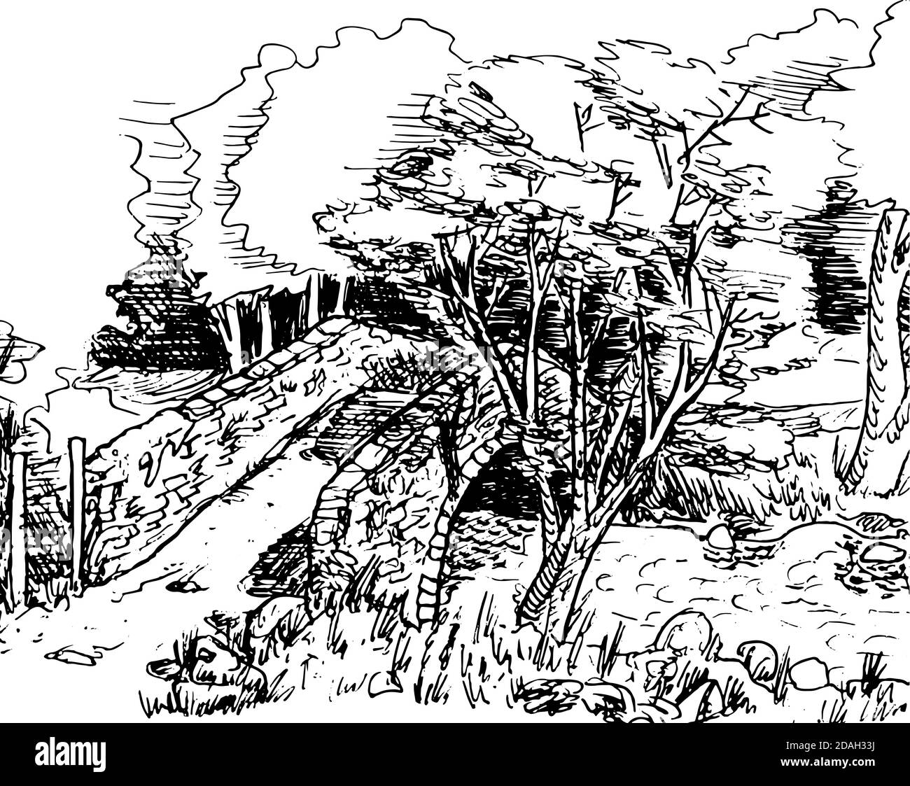 Affascinante ponte in pietra con una fitta foresta frondosa presso il Lake District. Una regione di montagna con uno scenario incredibile nel centro dell'Inghilterra. Disegno dell'inchiostro. Foto Stock
