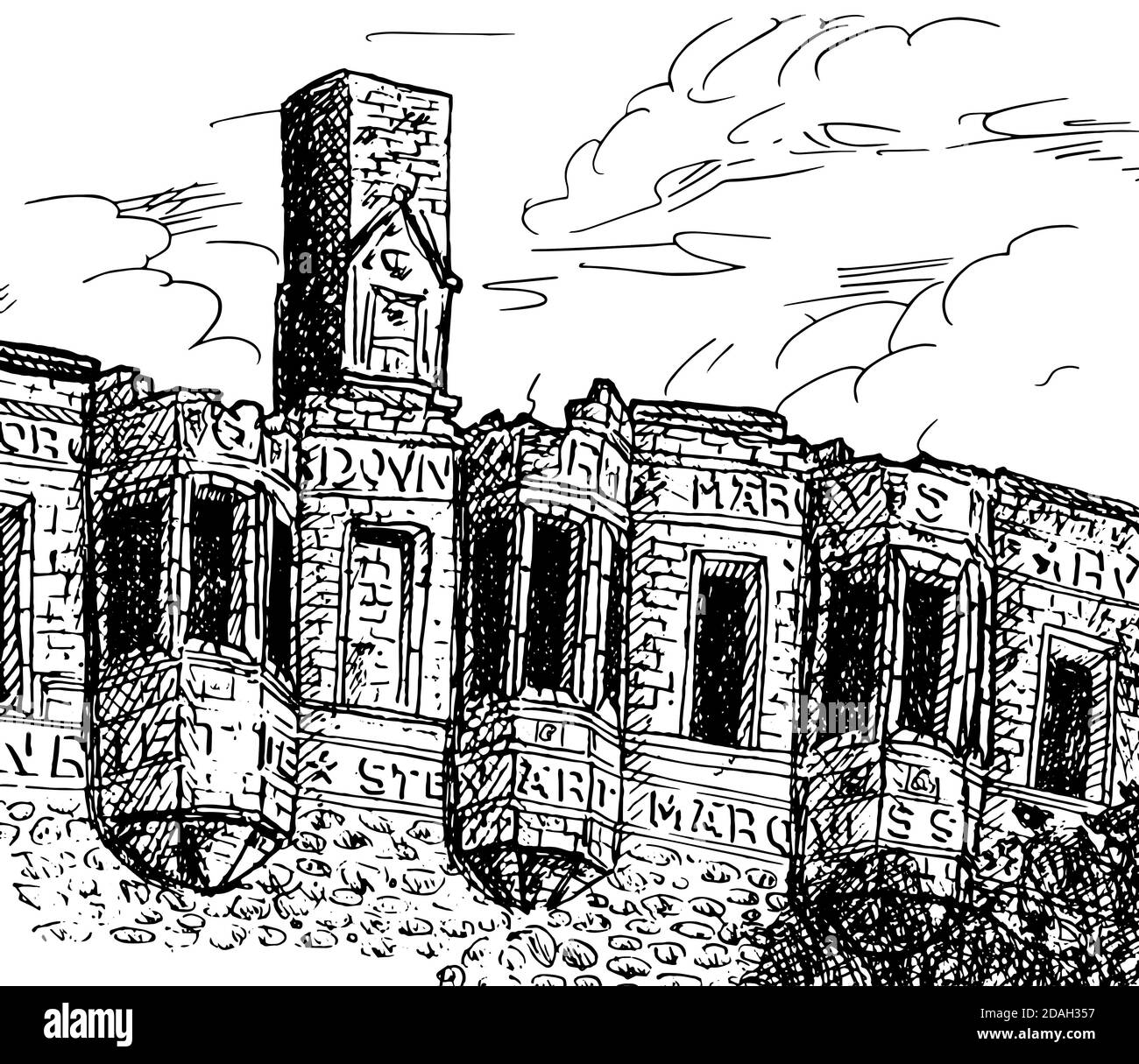 Muri in pietra e finestre al tramonto presso il Castello di Huntly. Una piccola e accogliente cittadina nella campagna della Scozia. Disegno dell'inchiostro. Foto Stock