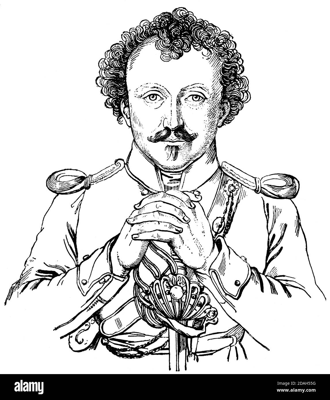 Ritratto di Friedrich de la Motte Fouque - scrittore tedesco di stile romantico. Illustrazione del 19 ° secolo. Sfondo bianco. Foto Stock