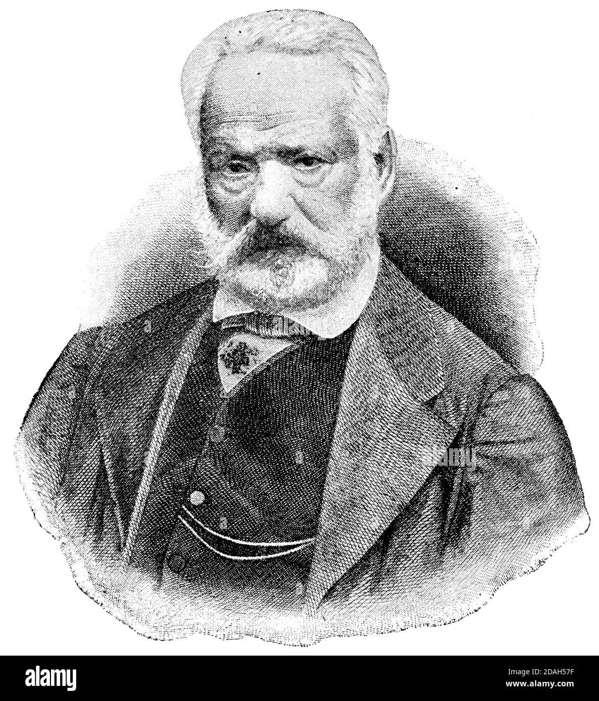 Ritratto di Victor Hugo - poeta, romanziere e drammaturgo francese del movimento romantico. Illustrazione del 19 ° secolo. Sfondo bianco. Foto Stock