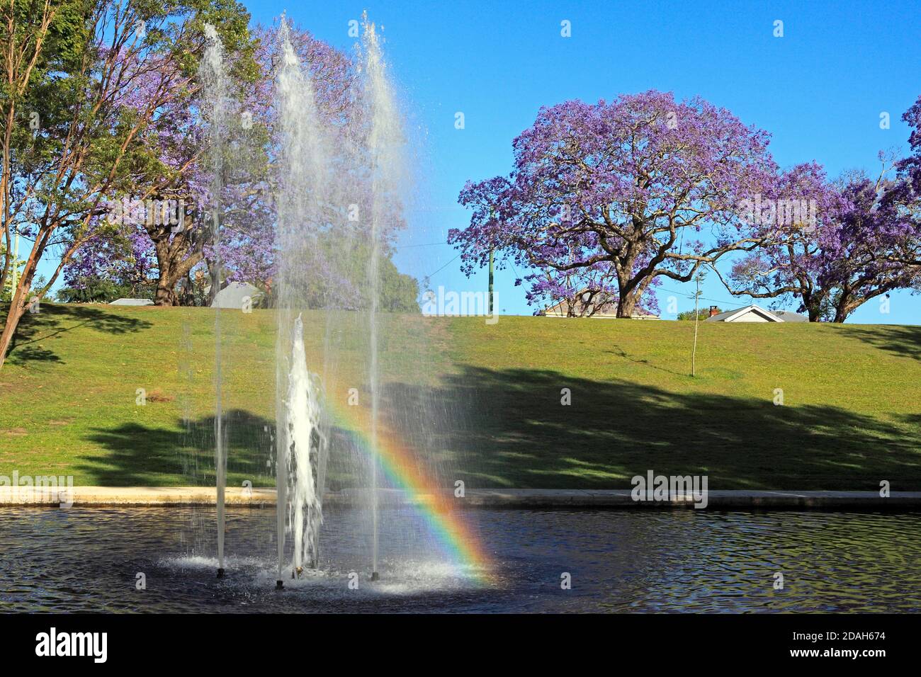 Fontana con arcobaleno al See Park, Grafton, NSW, Australia. Ci sono alberi di jacaranda fioriti sullo sfondo. Foto Stock