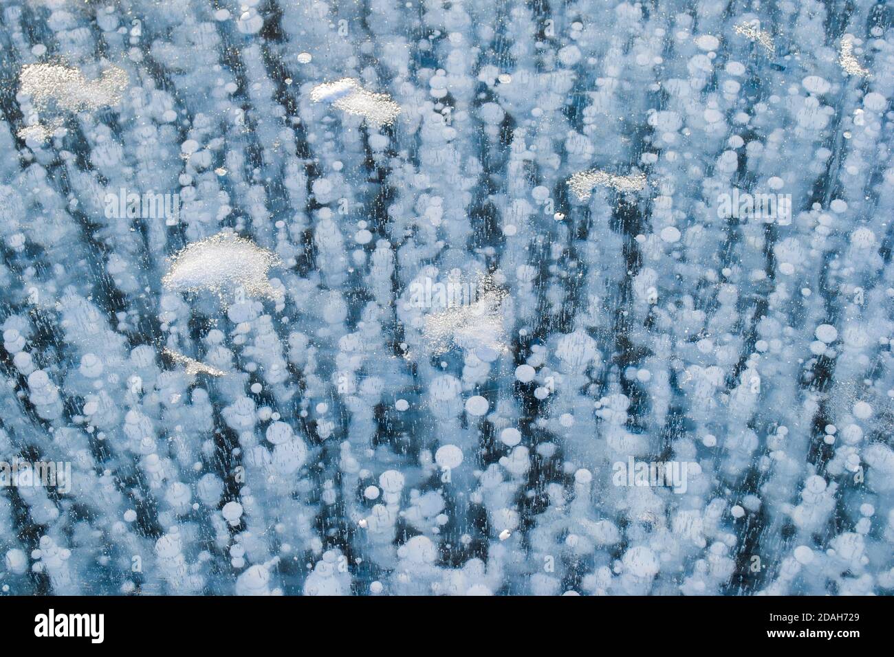 Bel ghiaccio blu trasparente con bolle di metano bianche congelate. Struttura invernale del lago ghiacciato Baikal. Vista dall'alto. Sfondo naturale. Spazio di copia. Foto Stock