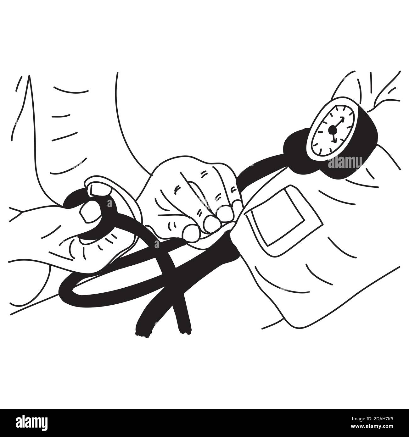 Medico che controlla la pressione arteriosa del paziente. Assistenza sanitaria. Disegnato a mano Illustrazione Vettoriale