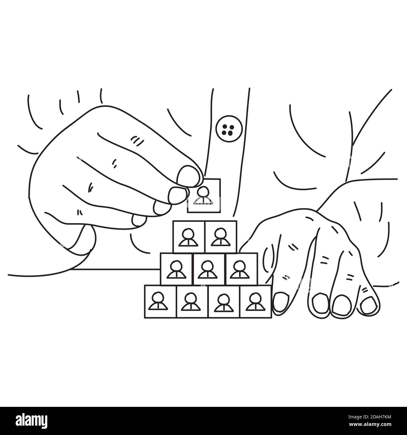 Illustrazione mano disegnata di uomo d'affari mentre compongono blocchi di immagini di persone. Il concetto di sviluppare una strategia di affari Illustrazione Vettoriale