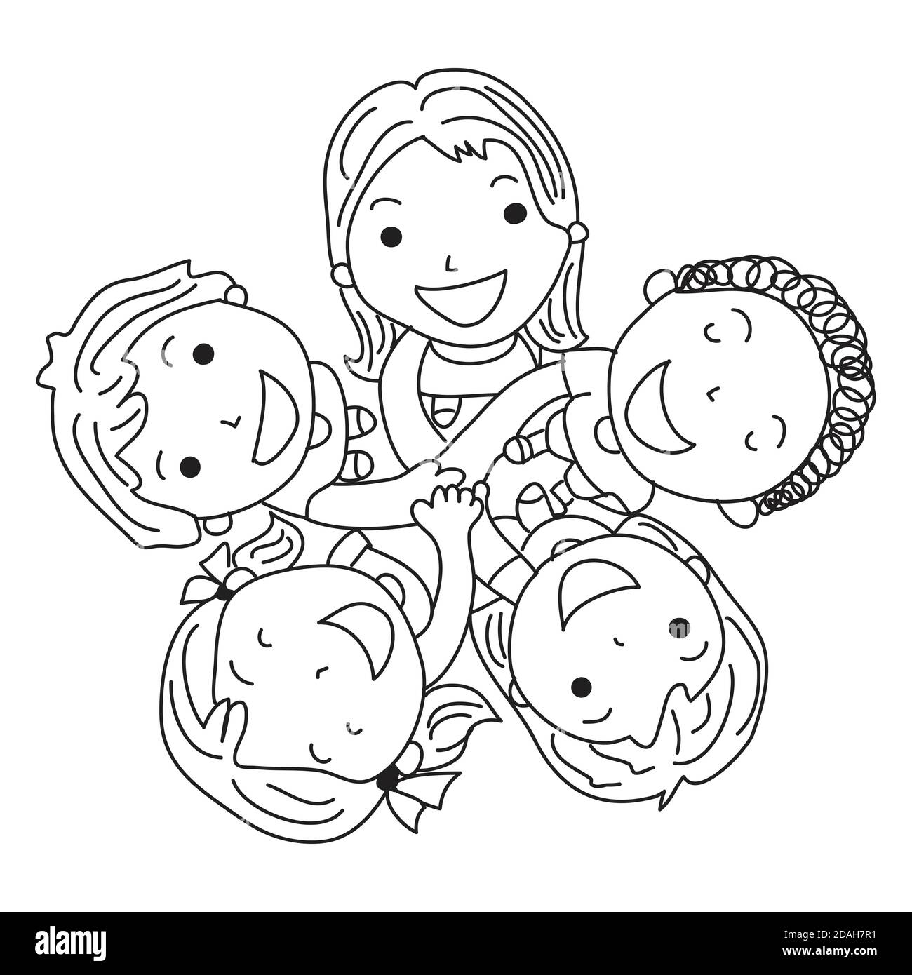 Disegnata a mano da cinque bambini che tengono le mani. Concetto di giorno per bambini Illustrazione Vettoriale