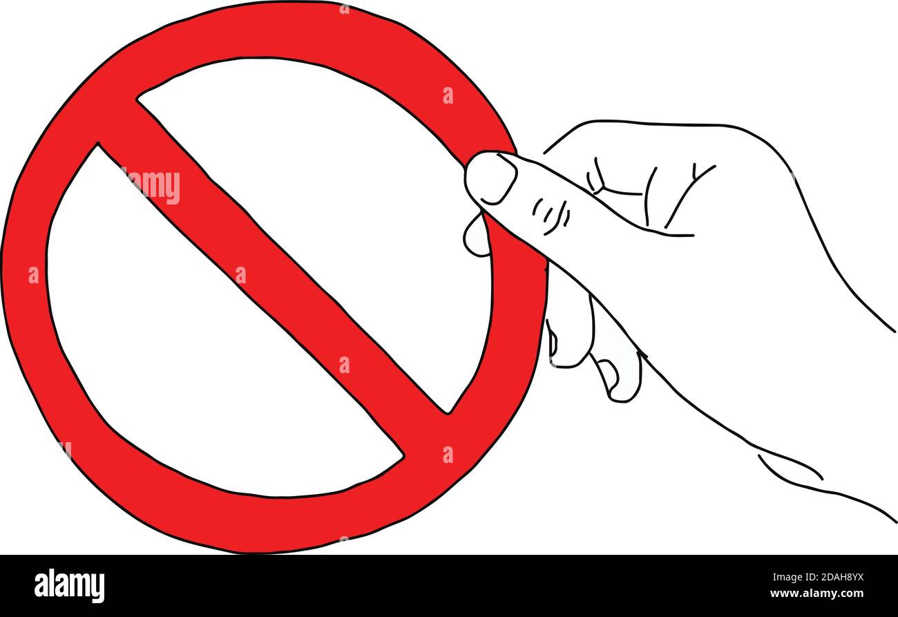 illustrazione della mano del doodle del vettore disegnata dalla mano dello schizzo che tiene il rosso cartello di divieto Illustrazione Vettoriale