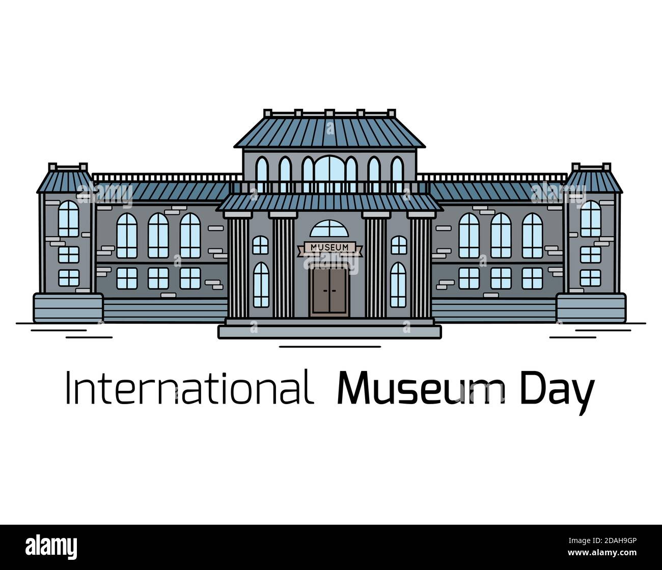 Giornata Internazionale del Museo. Contorno colorato disegno della facciata dell'edificio del museo con scritte su sfondo bianco. Scheda orizzontale vettore f Illustrazione Vettoriale