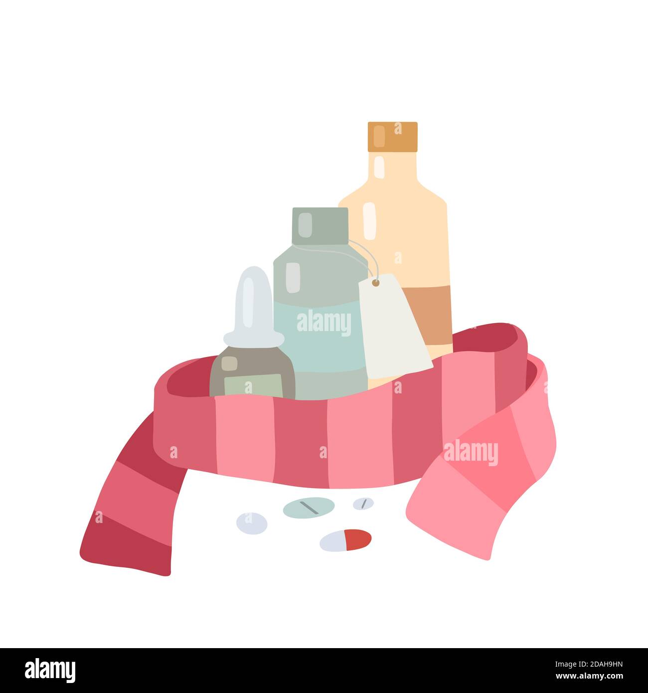 Trattamento influenzale a casa. Illustrazione piatta di medicina, pillole, sciarpa su uno sfondo bianco. Raffreddori e terapia. Medicinali e balsami. Immagine vettoriale per p Illustrazione Vettoriale