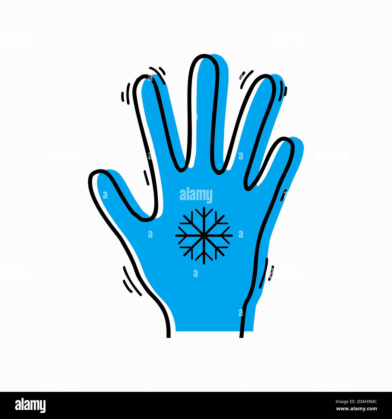 Congelamento degli arti. Profilo di una mano tremante con fiocco di neve e silhouette blu. Oggetto vettoriale per icone, loghi, infografiche e il Illustrazione Vettoriale