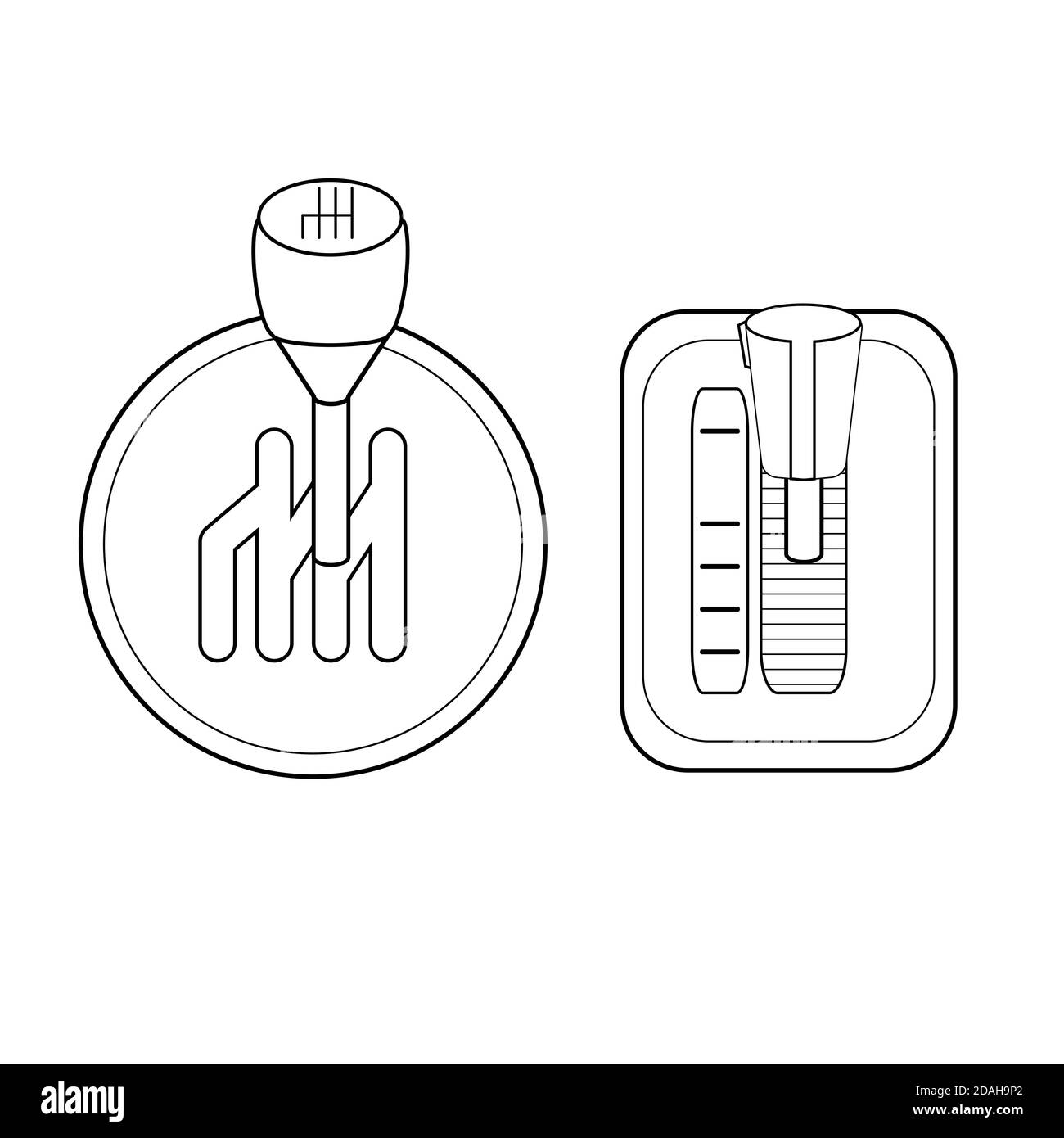 Serie contour in bianco e nero di cambi diversi. Cambio manuale e cambio automatico isolati su fondo bianco. Oggetto vettore per icone, loghi, infog Illustrazione Vettoriale