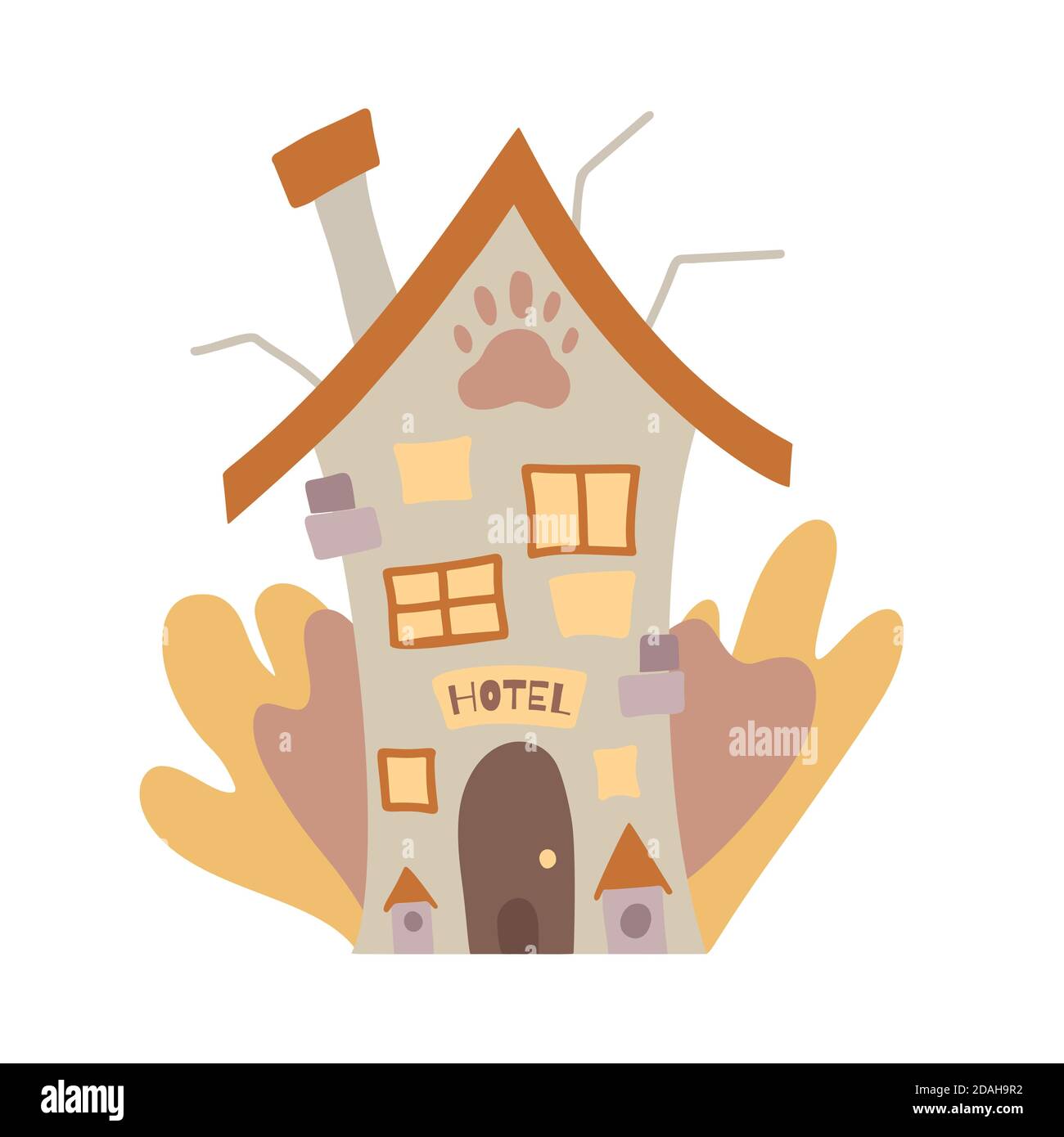 Hotel per animali domestici. Casa per gli animali senza casa. Casa a cartoni animati con una camera a doghouse su sfondo bianco. Oggetto architettonico vettoriale per animazione, schede Illustrazione Vettoriale
