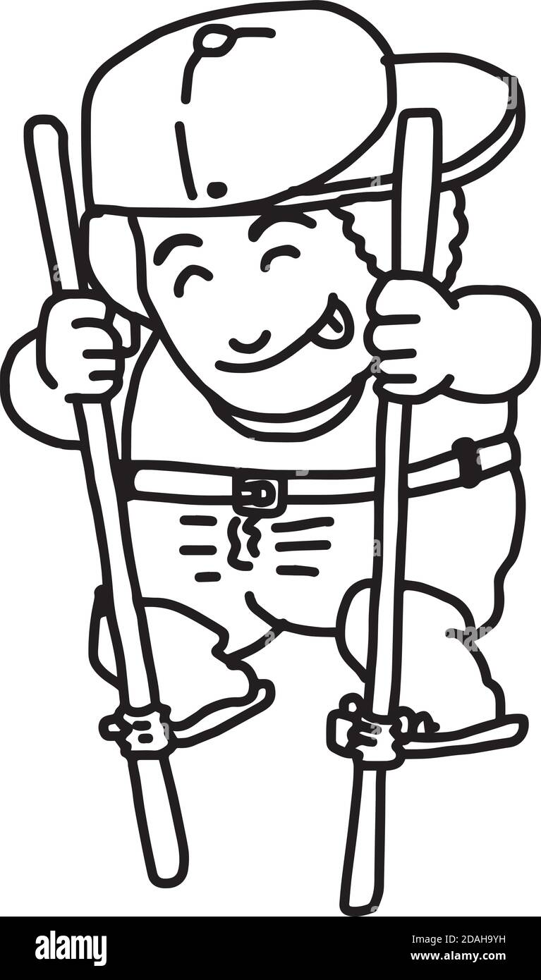illustrazione vettore doodles ragazzo tirato a mano con cappello in piedi bambù Illustrazione Vettoriale