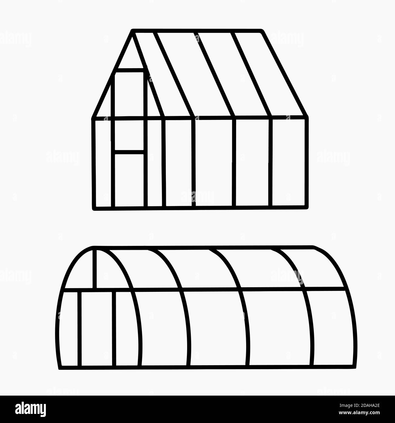 Set di vuoto casa serra. Silhouette di orangeria di vetro. Hobby e interesse naturalistico. Immagine vettoriale piatta per carte, adesivi, adesivi e yo Illustrazione Vettoriale