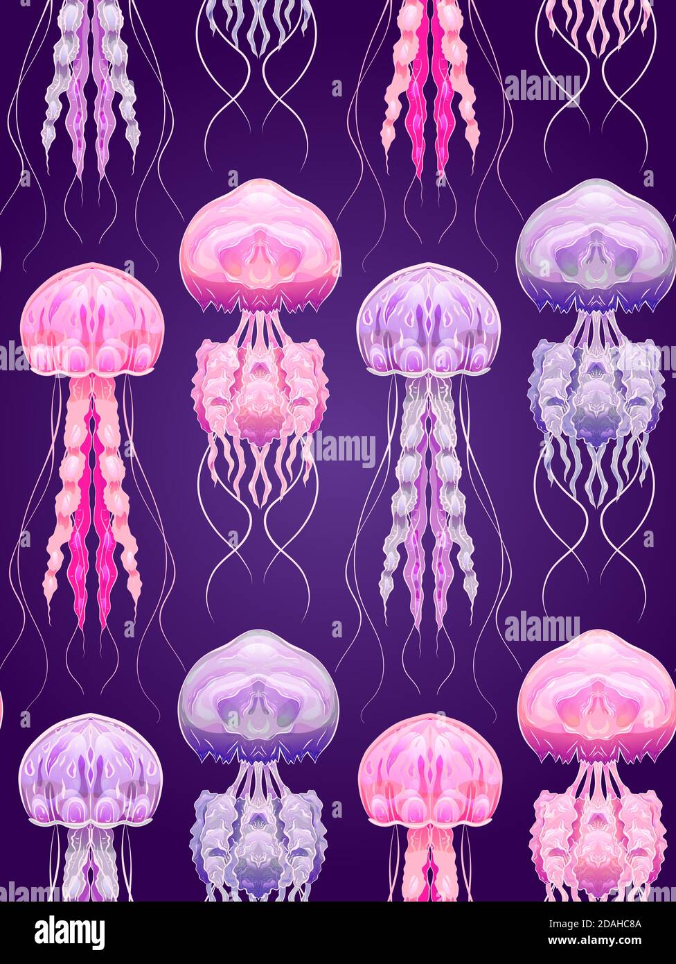 Fumetto al neon motivo medusa fluorescente su sfondo viola. Mondo sottomarino. Abitanti dell'oceano. Texture vettoriale per tessuti, sfondi e yo Illustrazione Vettoriale