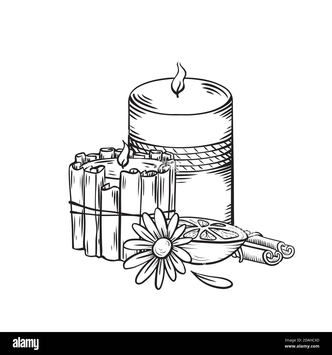 Rilassate le candele aromatiche. Schizzo nero con ombreggiatura. Candele di cera con bastone di cannella, fiore di calendula e fetta d'arancia. Vector spa, elementi relax, g Illustrazione Vettoriale