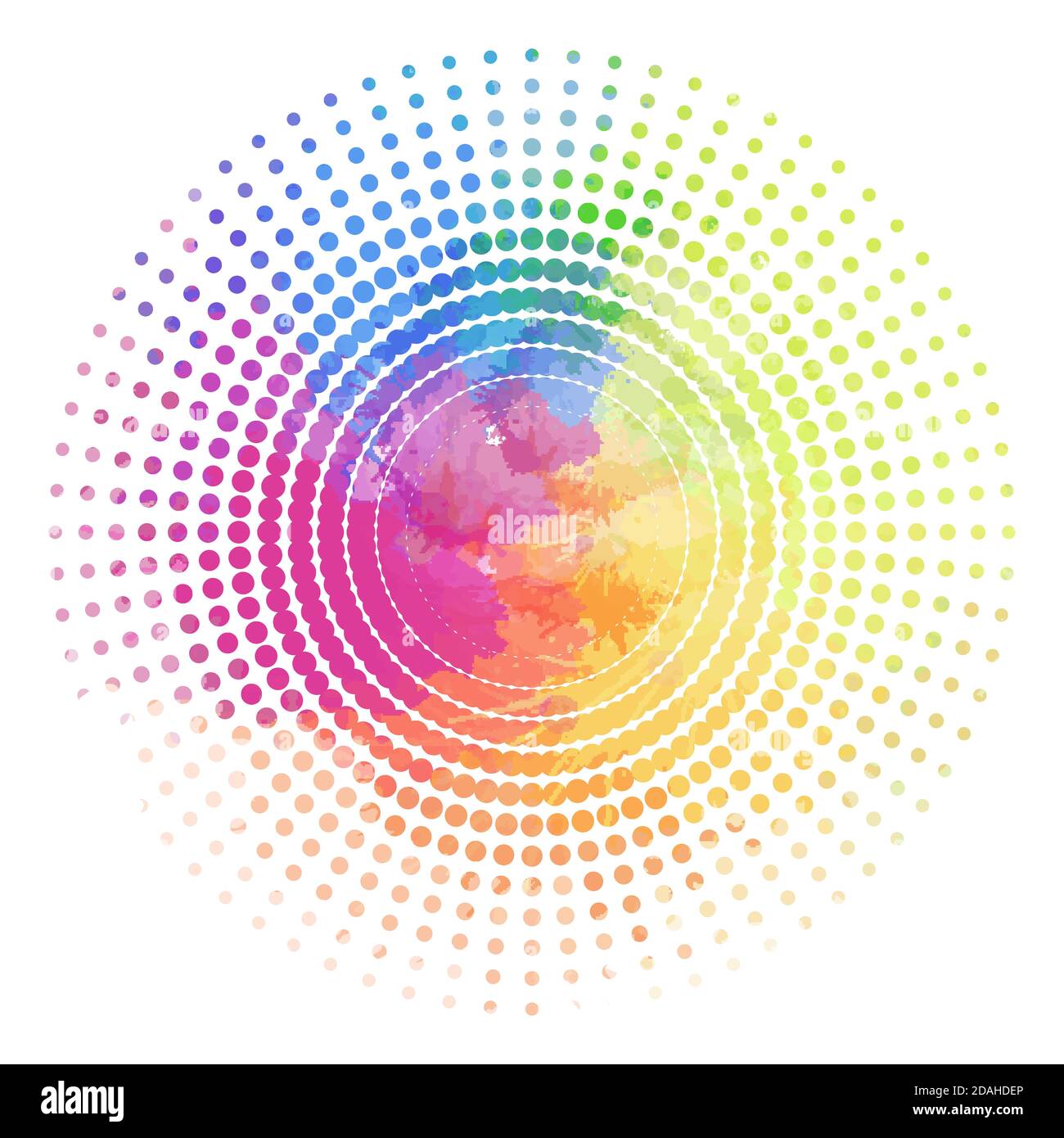 Cornice rotonda con mezzitoni e sfondo acquerello arcobaleno. Motivo punteggiato sul fotogramma. Creatività e amore. Oggetto vettore per banner, carte, templ Illustrazione Vettoriale