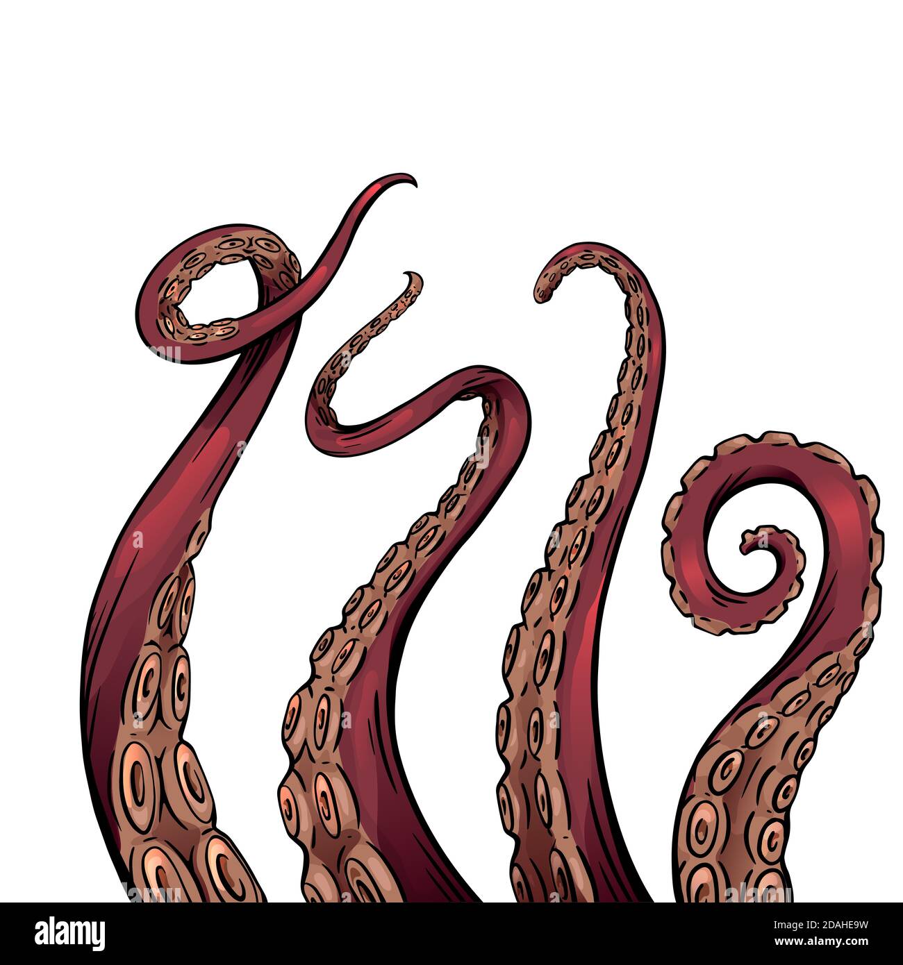 Set di disegni cartoni animati a colori di tentacoli di polpo. Membra creepy di abitanti marini. Oggetto vettoriale per loghi, tatuaggi, carte e il tuo disegno. Illustrazione Vettoriale