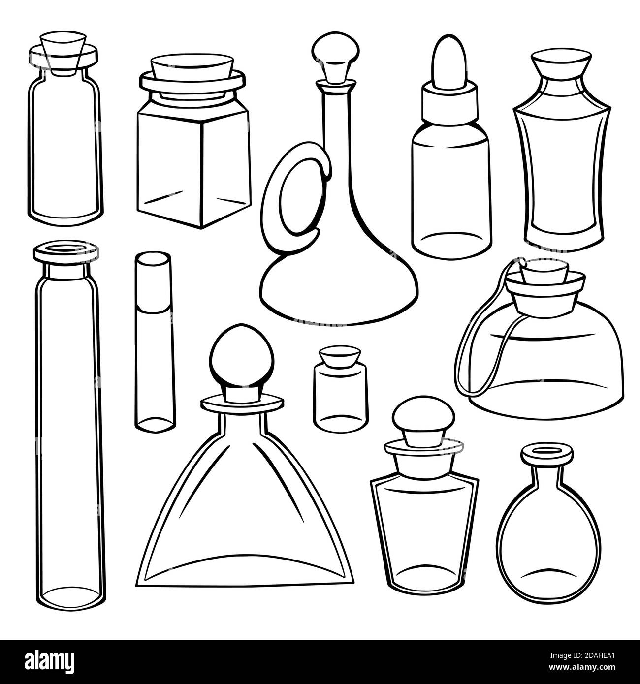 Schizzo del contorno di bottiglie, matracci e vasetti. Contenitori per profumi e medicinali. Medicina naturale. Pozioni e Alchimia. Oggetto vettore per ricette, b Illustrazione Vettoriale