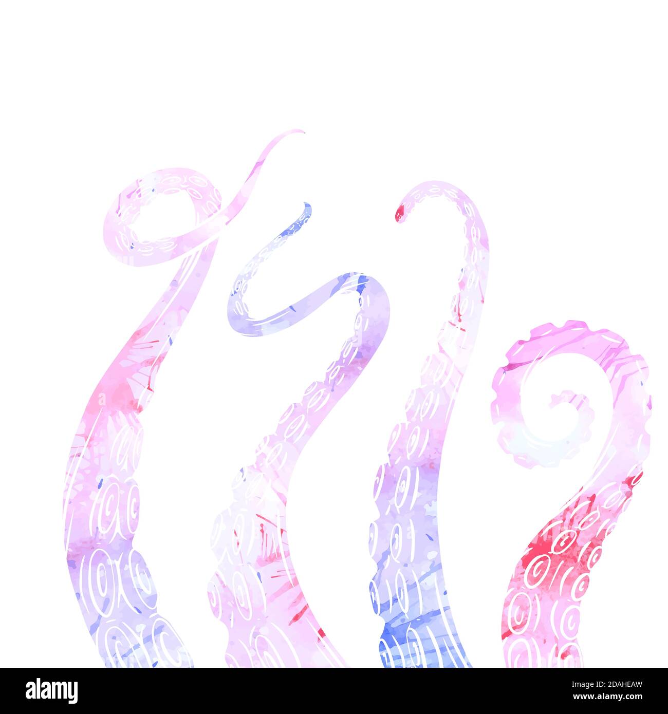 Set di bozzetti con silhouette acquerello con tentacoli in polpo e spruzzi. Membra creepy di abitanti marini. Oggetto vettoriale per loghi, tatuaggi, carte e. Illustrazione Vettoriale