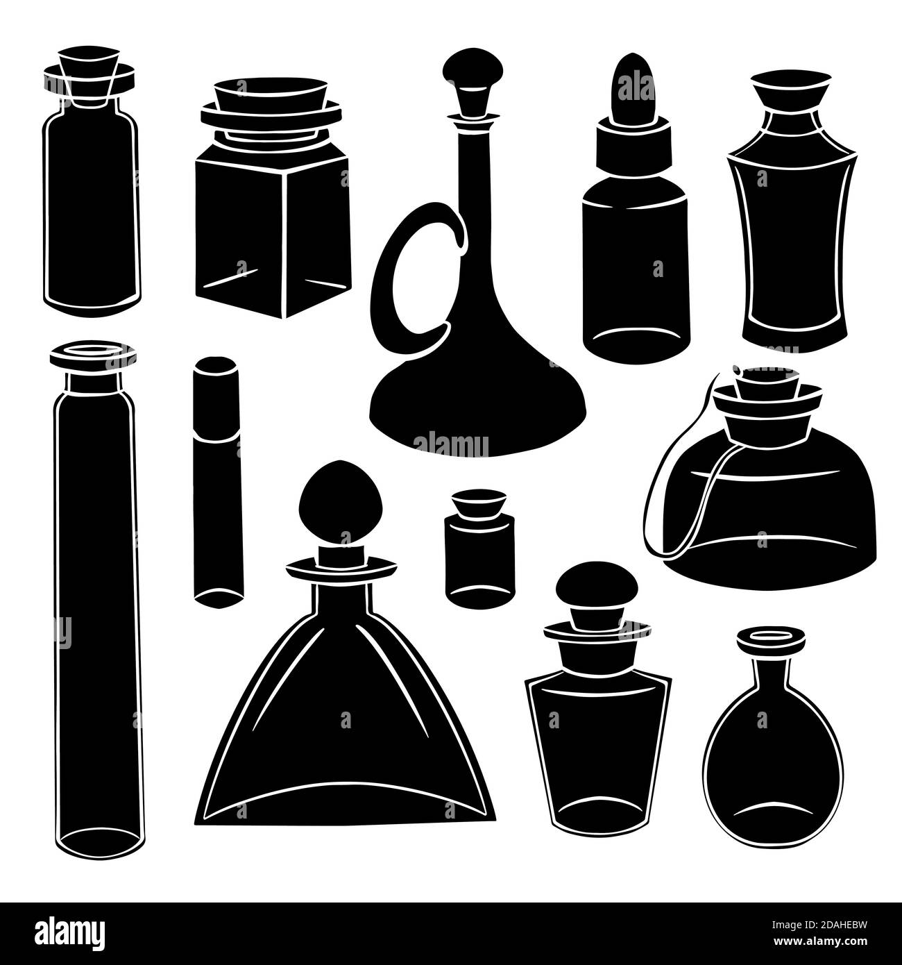 Silhouette nera di bottiglie, matracci e vasetti. Contenitori per profumi e medicinali. Medicina naturale. Pozioni e Alchimia. Oggetto vettore per ricette, Illustrazione Vettoriale