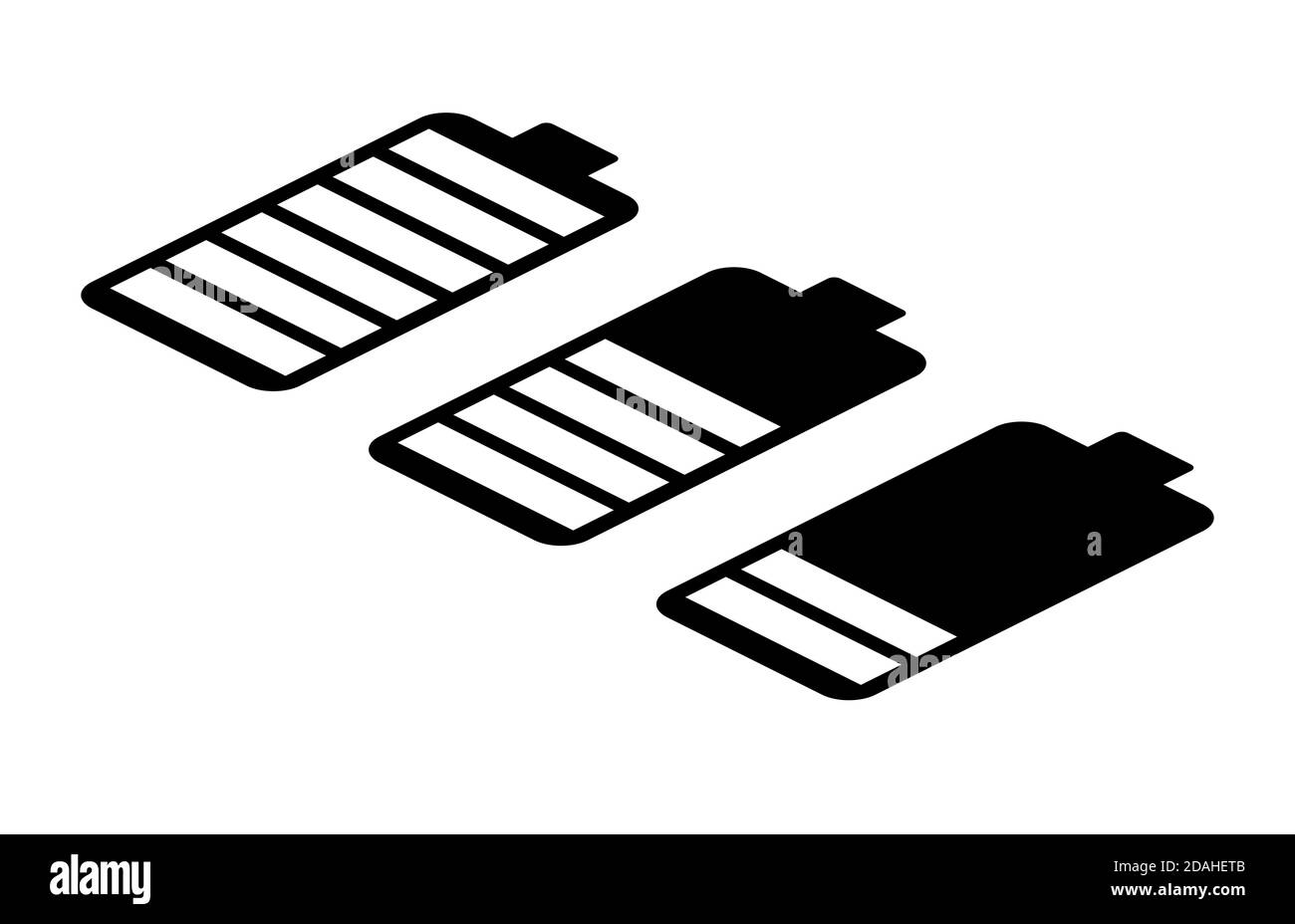 Set di tipi di silhouette isometriche nere con varie batterie di carica. Elemento vettoriale per l'interfaccia del telefono cellulare, elementi del sito e il vostro d Illustrazione Vettoriale