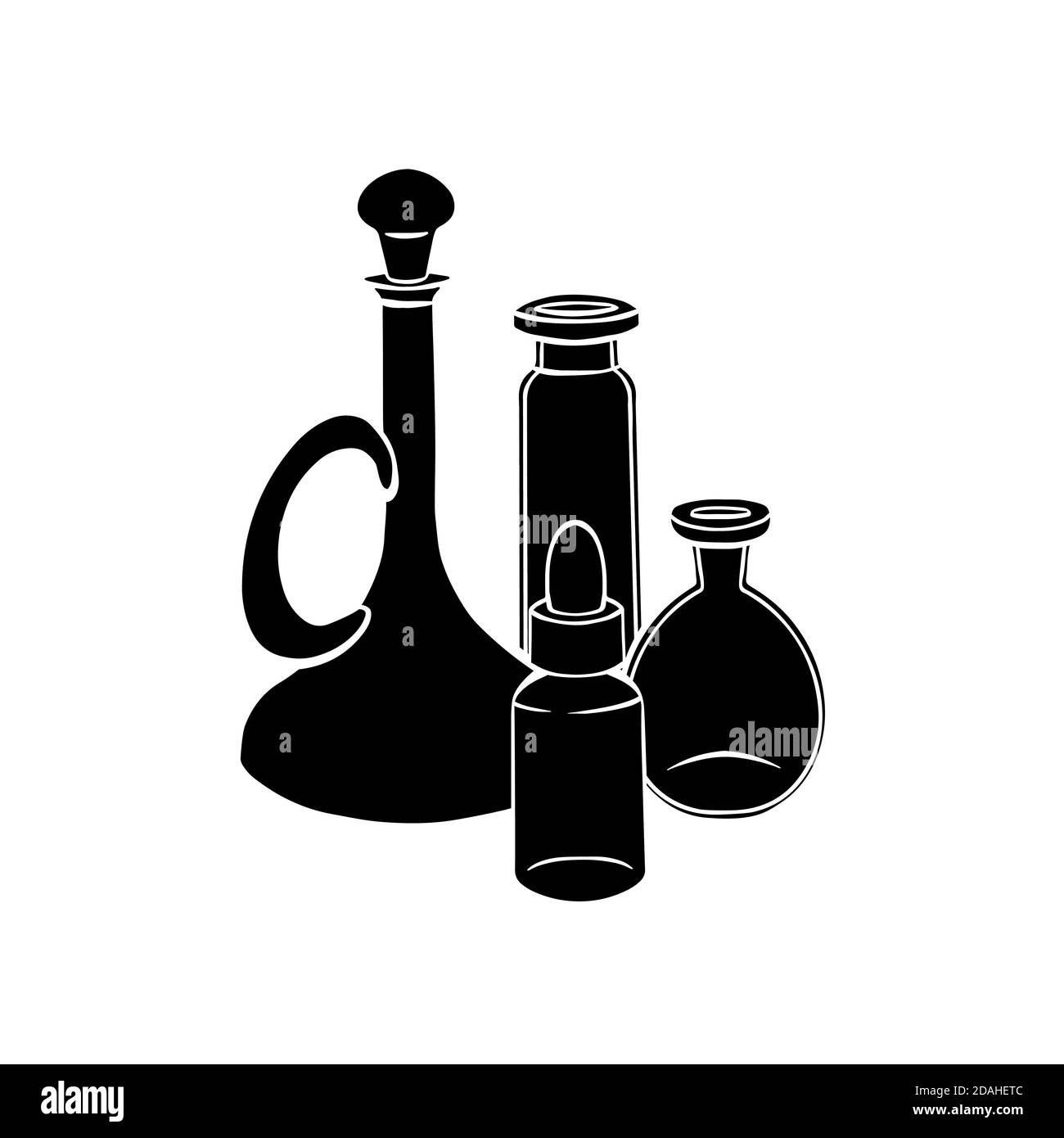 Medicina naturale e medicina. Profumi e oli. Silhouette nera di bottiglie piccole, matracci su fondo bianco. Oggetto vettoriale per ricette, banner Illustrazione Vettoriale