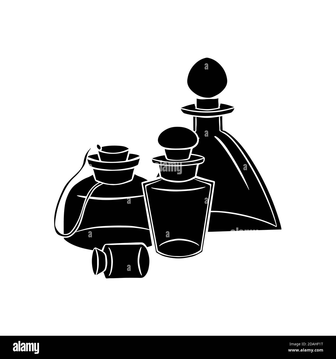Medicina naturale e medicina. Profumi e pozioni. Silhouette nera di bottiglie piccole, matracci su fondo bianco. Oggetto vettoriale per ricette, banne Illustrazione Vettoriale