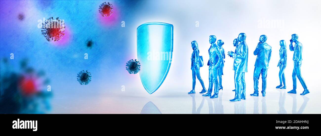 Il sistema immunitario difende da virus e batteri. Protezione immunitaria contro malattie, coronavirus, covid-19 e canna fumaria. Rendering 3D. Foto Stock