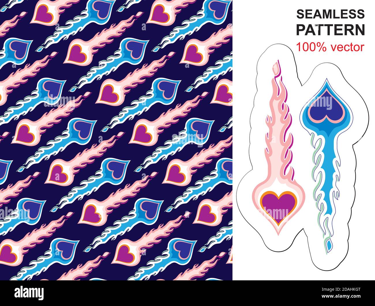 Cuore ardente. Cuore esplososo. Motivo senza cuciture con cuori fiammeggianti nello stile di adesivi per auto per la progettazione di confezioni regalo, motivi tessuto, carta da parati, Illustrazione Vettoriale