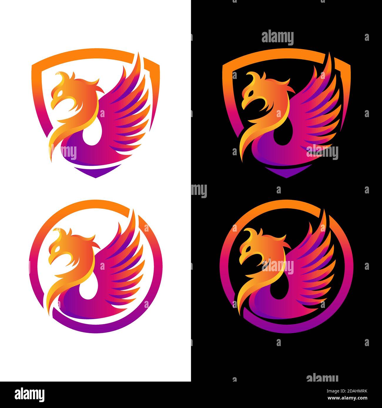 Modello vettoriale di disegno del logo Phoenix Rising Wings. Icona di concetto di logotipo di uccello Falcon Eagle Hawk corporate di lusso. Illustrazione Vettoriale