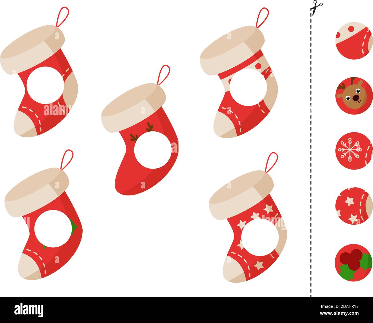 Taglia e colla gioco per bambini. Calze natalizie Cartoon. Illustrazione Vettoriale