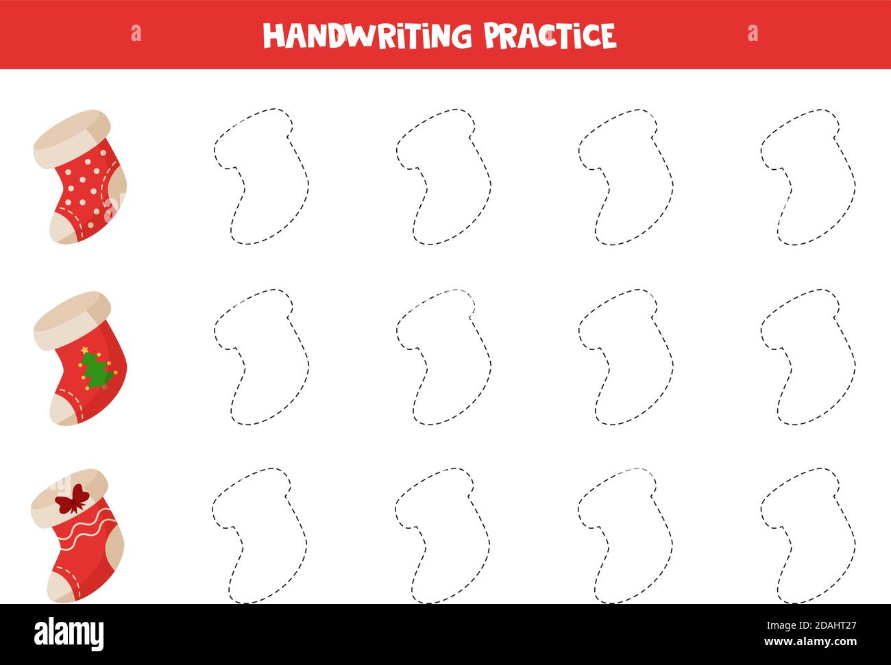 Linee traccianti con i calzini natalizi del cartone animato. Pratica di abilità di scrittura. Illustrazione Vettoriale
