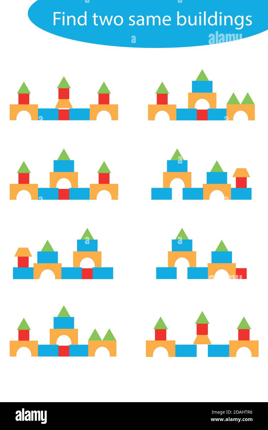 Trova due stessi edifici, forme geometriche colorate per i bambini, divertente gioco educativo per i bambini, attività di foglio di lavoro prescolare, compito per lo sviluppo Illustrazione Vettoriale