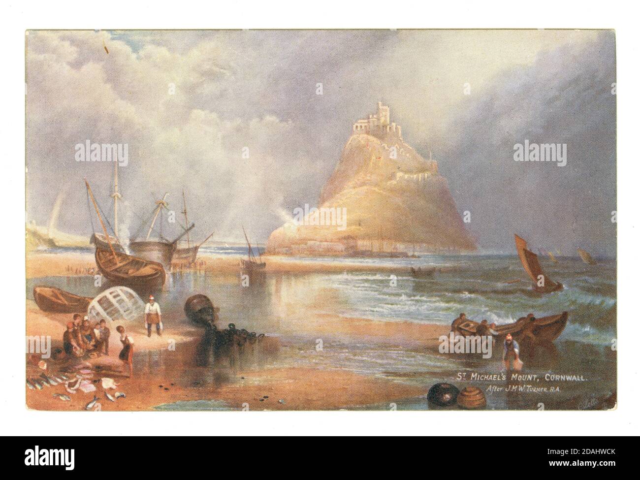 Riproduzione da cartolina di William Turner del dipinto ad olio di St Michael's Mount, Marazion, vicino Penenzance, West Cornwall, Regno Unito circa 1910 Foto Stock