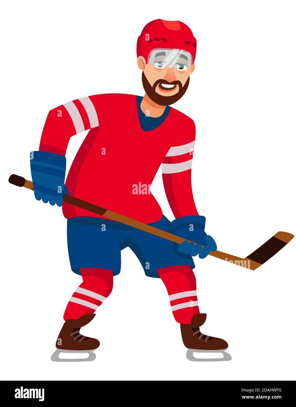 Giocatore di Hockey in posizione di attacco. Uomo in stile cartoon. Illustrazione Vettoriale