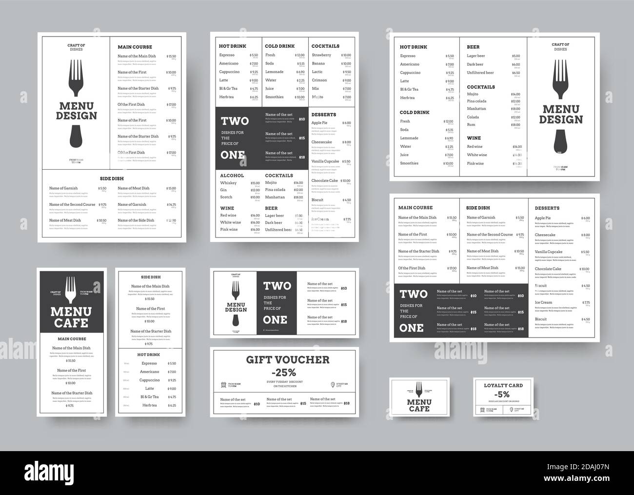 set di menu per caffè e ristoranti in classico stile bianco con divisione in blocchi. Modelli A4, a tre lati, DL, voucher regalo e fidelizzazione ca Illustrazione Vettoriale
