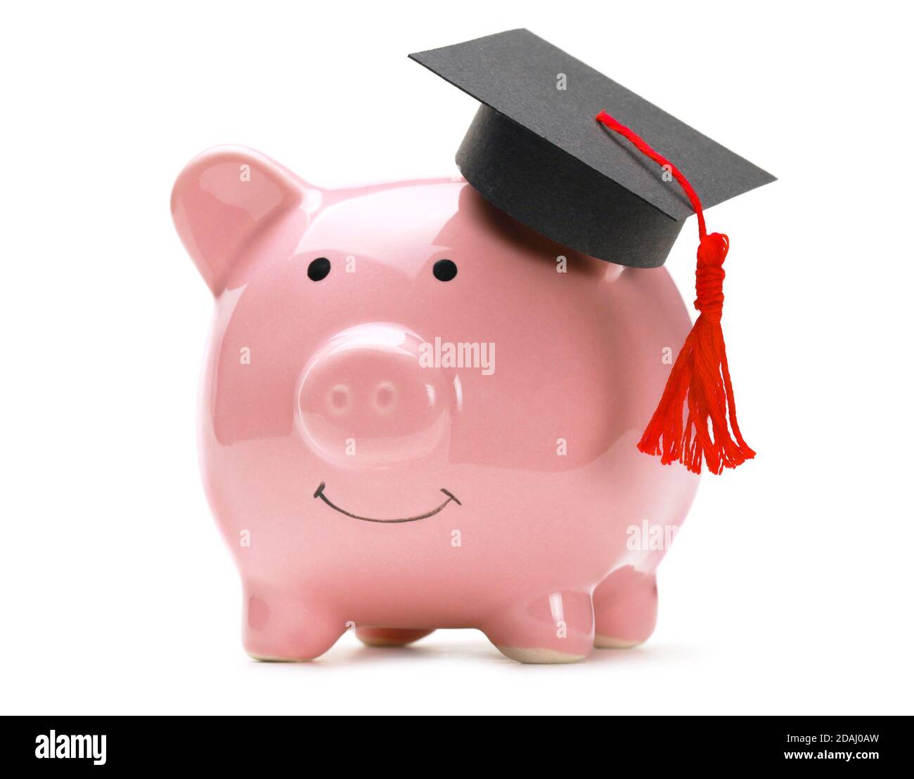 Piggy bank e nero laureato cappello isolato su sfondo bianco. Foto Stock