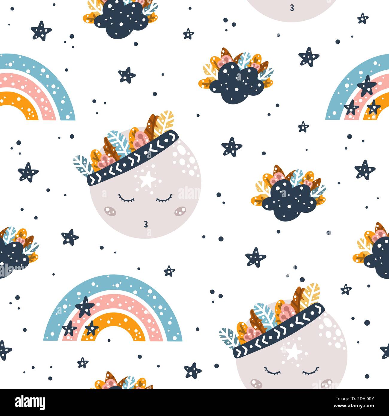 Carino bohémien infantile motivo senza cuciture con elementi del cielo: luna, arcobaleno e stelle in stile scandinavo isolato su sfondo bianco disegnato a mano vecto Illustrazione Vettoriale