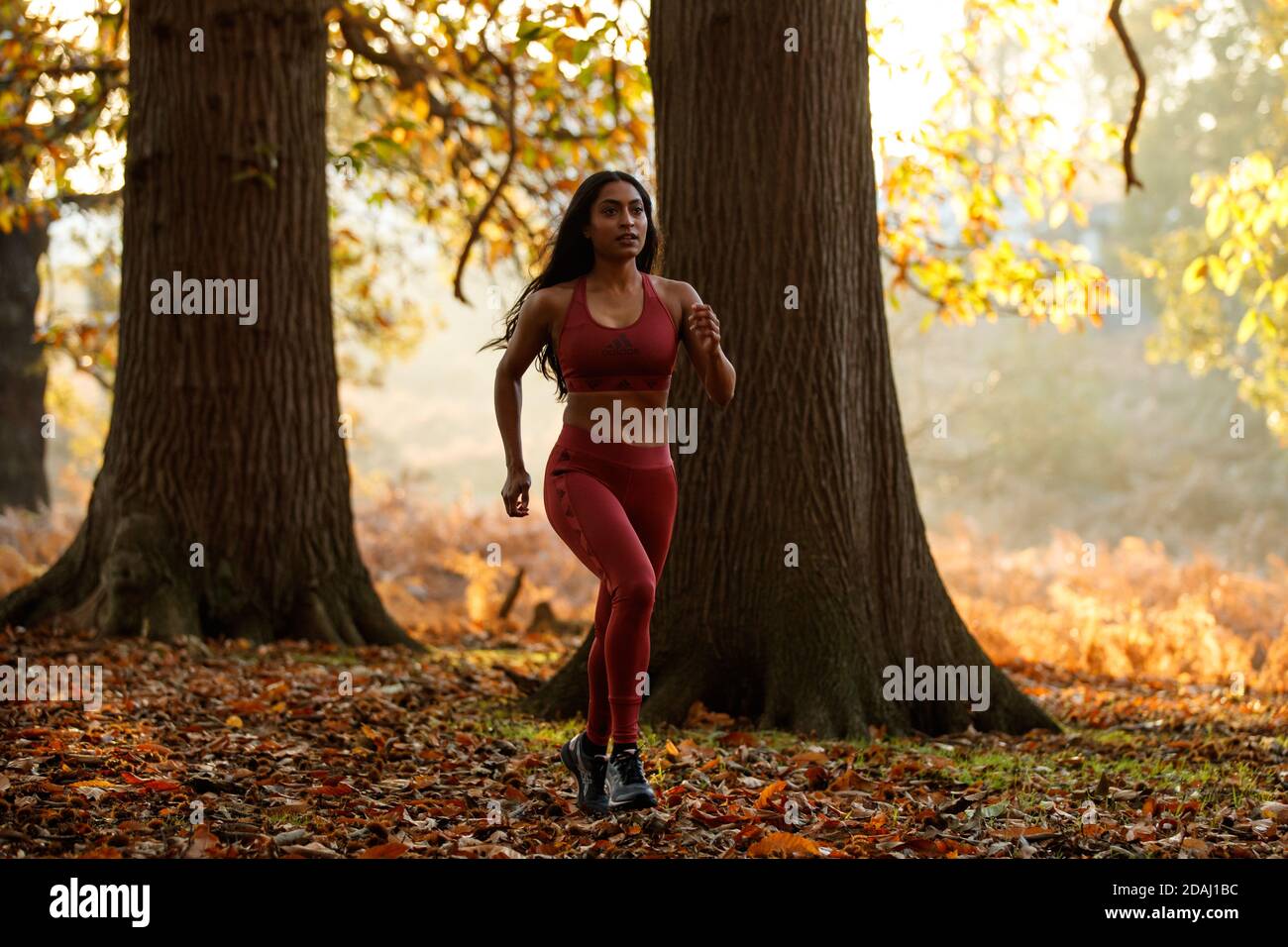 Una donna di discendenza asiatica che corre in una foresta Foto Stock